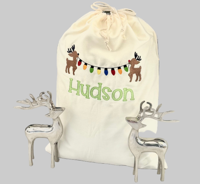 Christmas Santa Sack - Embroidered - Reindeer & String Lights Design