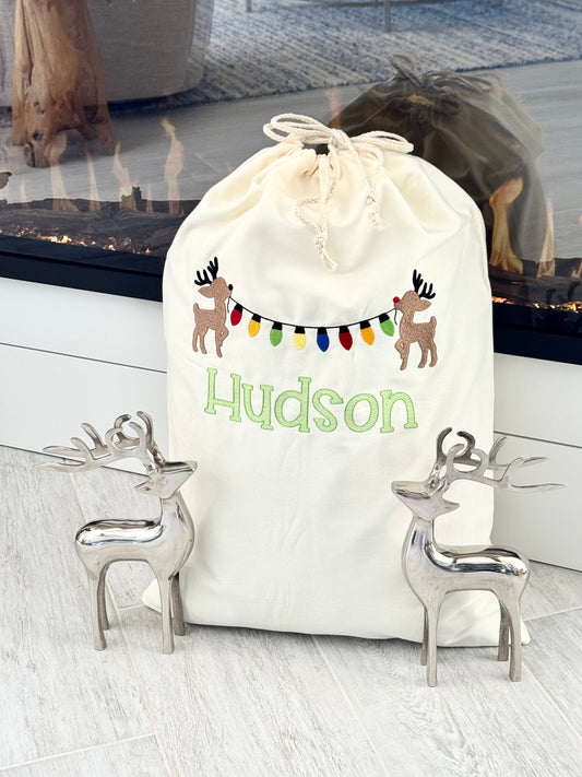 Christmas Santa Sack - Embroidered - Reindeer & String Lights Design