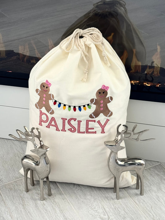 Christmas Santa Sack - Embroidered - Gingerbread Girls & String Lights Design