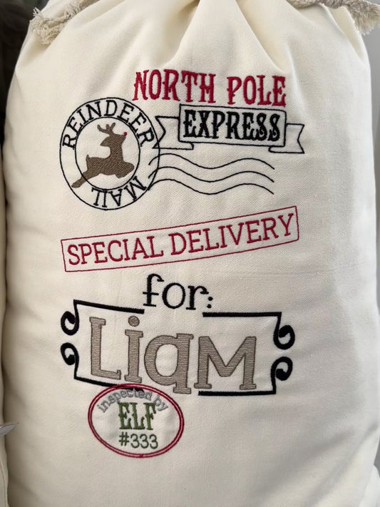 Christmas Santa Sack - Embroidered - Reindeer Mail Design